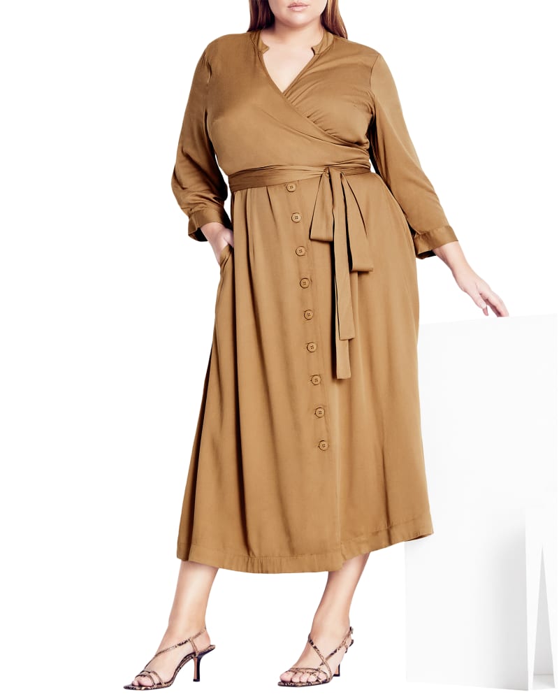 Front of a model wearing a size XS Ariana Soflty Wrapped Dress in Brown by Refinity. | dia_product_style_image_id:214314